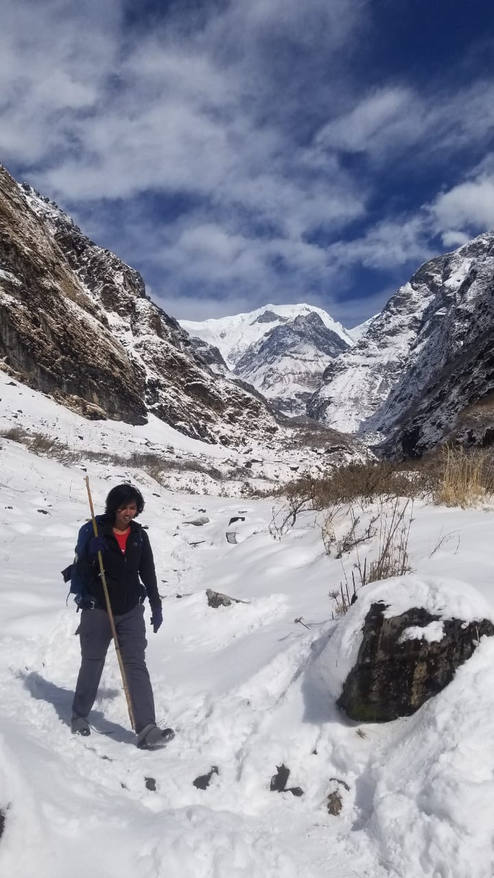 A girl with a bamboo stick against snow clad Himalayan mountains